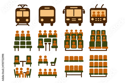 Public transportation vehicle icons and passenger seating arrangement pictograms