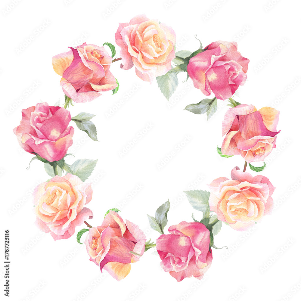 Naklejka premium Wreath of roses. Watercolor handmade illustration. For packaging design, cards, cover, prints, product labels and fabric. 
