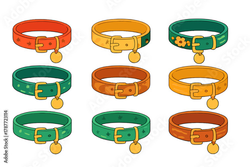 Assortment of vibrant pet collars with metal buckles and identification tags