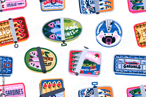 Sardines in cans, seamless pattern, endless background. Canned sea fish, Italian seafood, ocean food, snack in tin packages, repeating print for textile, wrapping design. Flat vector illustration