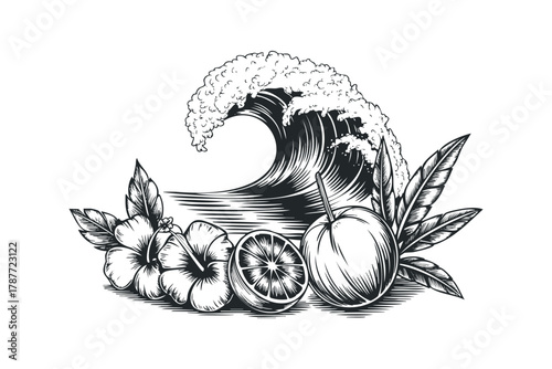 Stylized wave with tropical fruits and flowers
