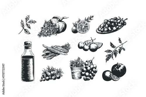 Black ink sketch collection of fresh fruits and herbs