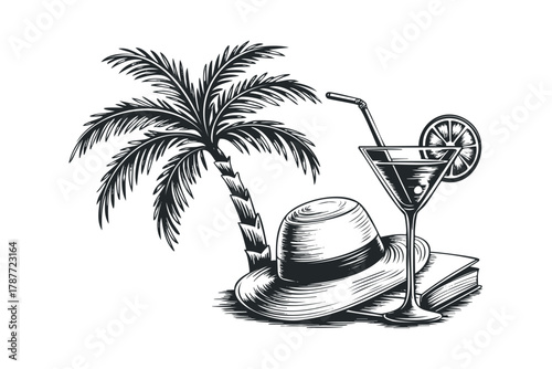 Palm tree hat cocktail book on white