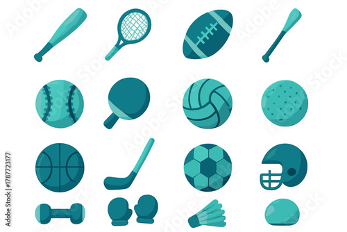 Various sports equipment icons presented in a cohesive teal monochrome style