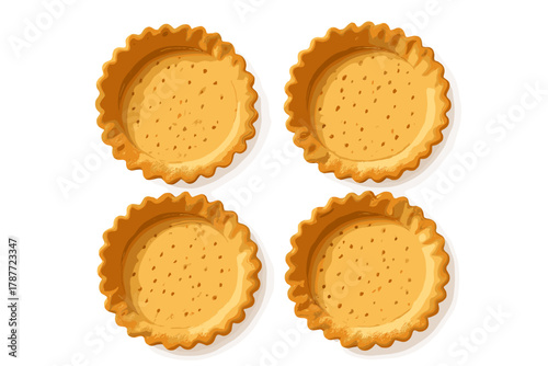 Four empty round pastry tart shells with crimped edges