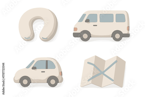 Set of four soft style travel icons featuring neck pillow car van and folded map