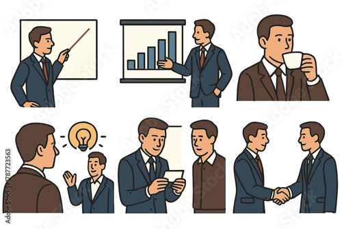 Business professionals presenting ideas and making agreements with handshake icons