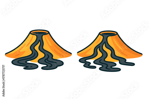 Two erupting volcanoes with flowing lava streams icon set