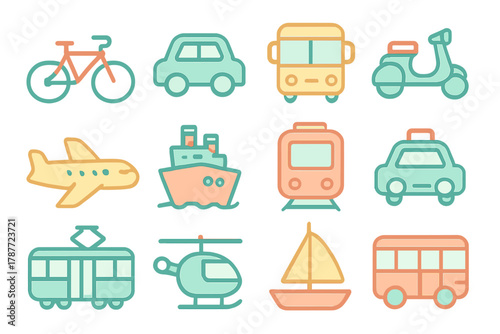 Colorful icons representing air, land, and sea transportation and vehicle modes