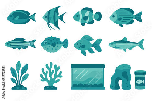Stylized tropical and freshwater aquarium fish with aquatic decorations
