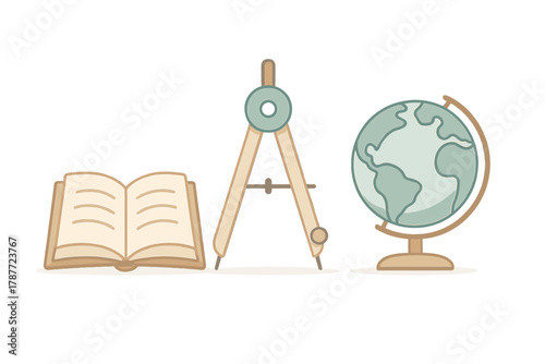 Open book compass and globe educational supplies icons set