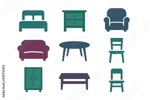 Colorful set of home furniture icons featuring bed, sofa, chairs, and tables