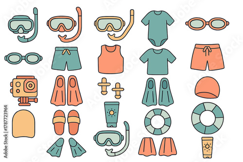 Colorful icons for summer swimming and snorkeling water activity equipment