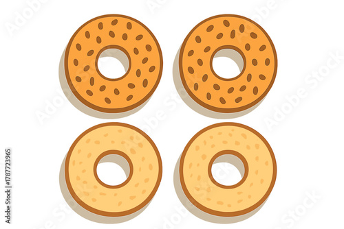 Four assorted bagels with seeds and plain varieties isolated on white background