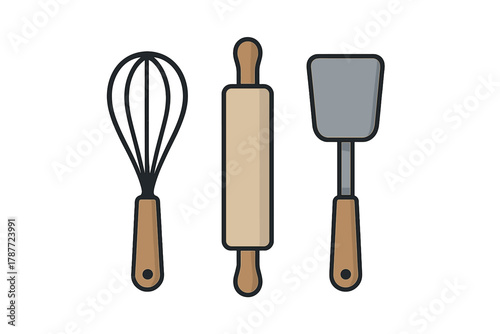 Essential baking tools: whisk, rolling pin, and spatula graphic elements
