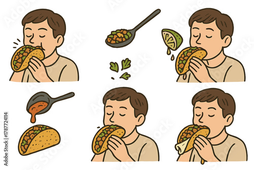 Man enjoying various stages of eating stuffed tacos with toppings