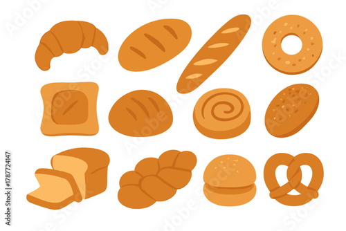 Variety of fresh baked goods and bread items icons