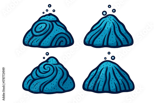 Four stylized blue underwater coral reef elements with rising bubbles