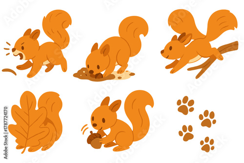 Collection of cute orange squirrel characters engaged in various autumn activities