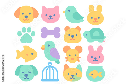 Cute pastel colored icons of domestic and exotic companion animals