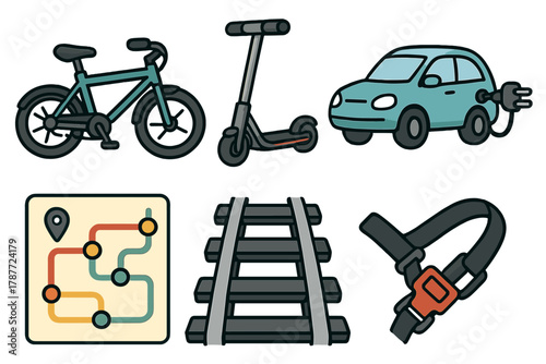 Sustainable personal mobility icons featuring electric car and navigation map