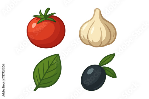 Fresh tomato garlic basil and black olive food ingredients collection