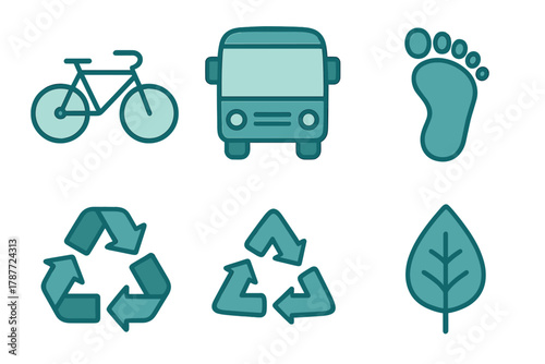Set of environmental and sustainability icons including transport and recycling symbols