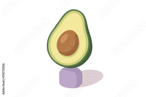 Half avocado fruit balancing on small isometric purple block