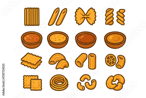 Various Italian pasta shapes and bowls of sauce icons collection