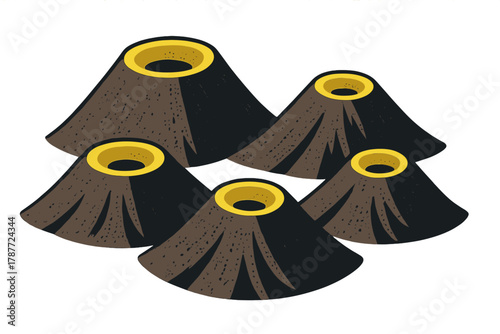 Stylized brown and black volcanoes with bright yellow craters