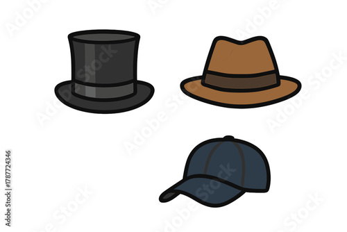 Collection of classic men's headwear icons including top hat fedora and baseball cap