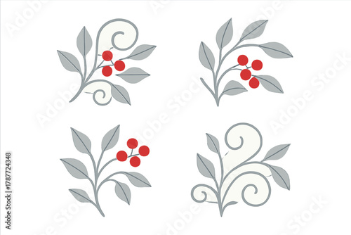 Four stylized winter berry and foliage decorative elements