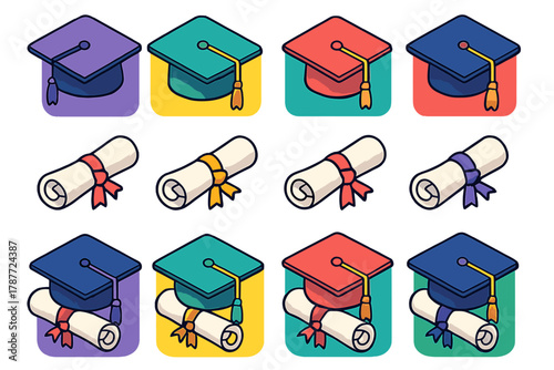 Isometric icons of graduation cap and rolled diploma in multiple colors