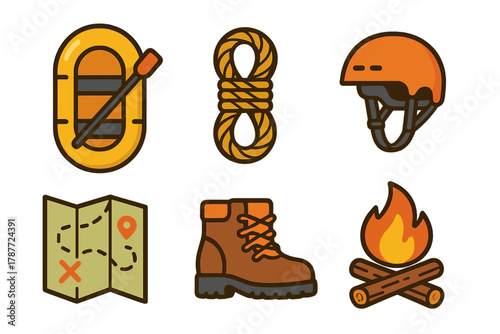 Outdoor adventure and camping equipment icons set for travel and exploration