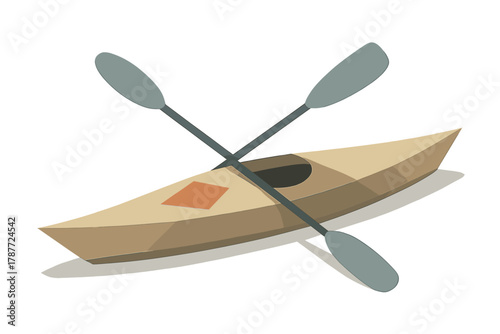 Single person kayak with crossed paddles isolated on white background