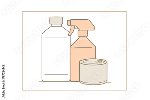 Grouping of cleaning products and preserved food items for home stock