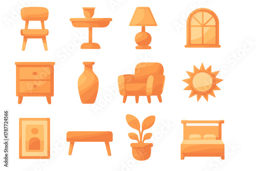 Collection of orange three dimensional style home furnishing and decoration symbols