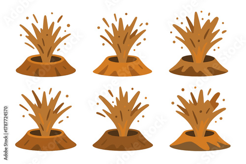 Six stylized mud volcano eruption icons in various brown tones