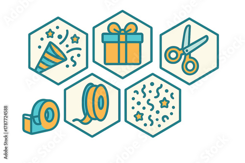 Colorful icons representing gift wrapping and party celebration supplies