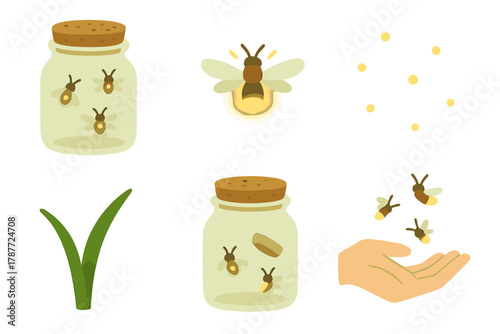 Fireflies glowing in a glass jar and flying near a human hand