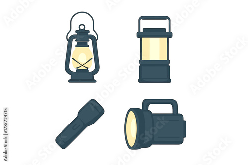 Assortment of camping lanterns and flashlights for outdoor illumination