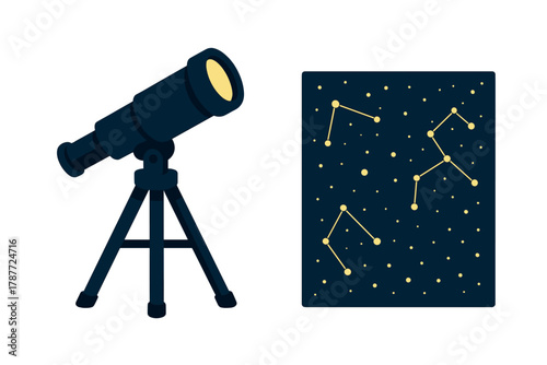 Telescope and celestial constellations chart for night sky observation