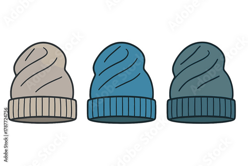 Three knitted winter beanies in beige, blue, and teal colors