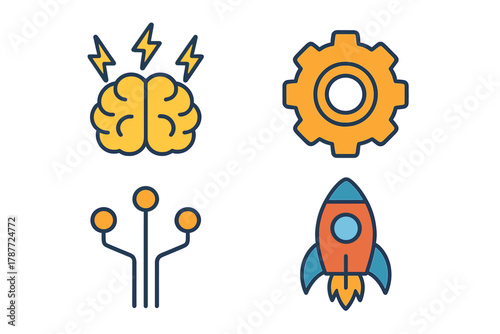 Set of icons for brainstorming, mechanics, network connection, and startup launch