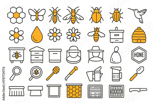 Beekeeping and Honey Production Icons Featuring Insects and Essential Equipment