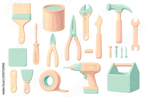 Pastel colored set of construction and repair hand tools