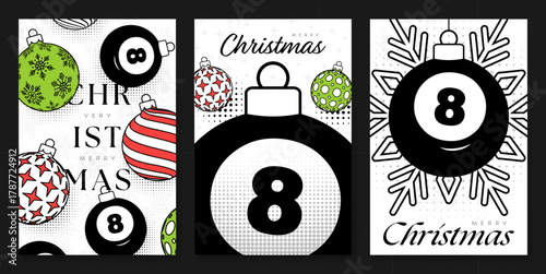 billiard Christmas and New Year posters set. Bright xmas design for xmas party invitation. Minimal art banner, poster, cover templates. Vector illustration