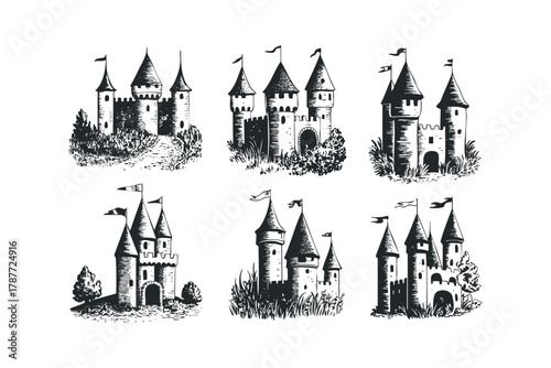 Six distinct black and white sketches of medieval castles.