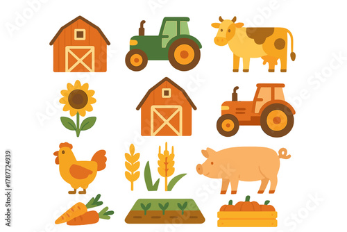 Set of charming farm animals and essential agricultural icons