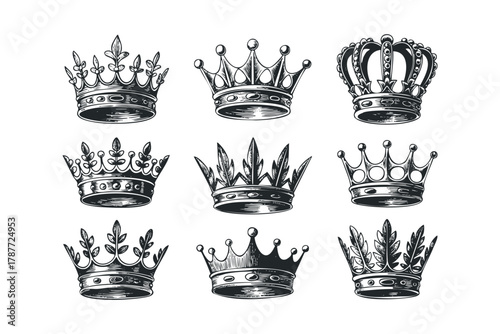 Collection of ornate black and white regal crowns